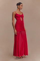 Delaney Slinky And Mesh Maxi Dress - Red