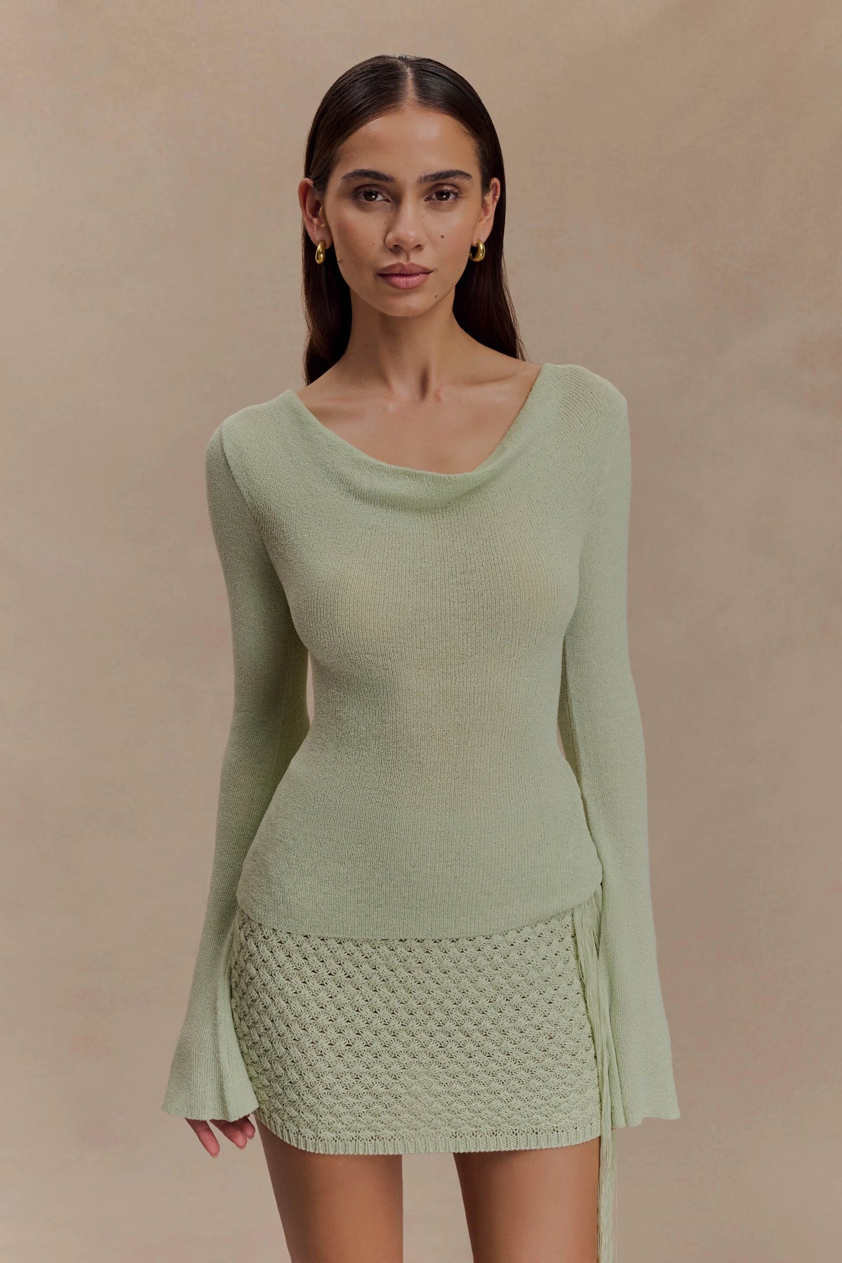 Elowen Knit Cowl Long Sleeve Top - Pastel Green