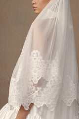 Paulette Lace Trim Veil - White