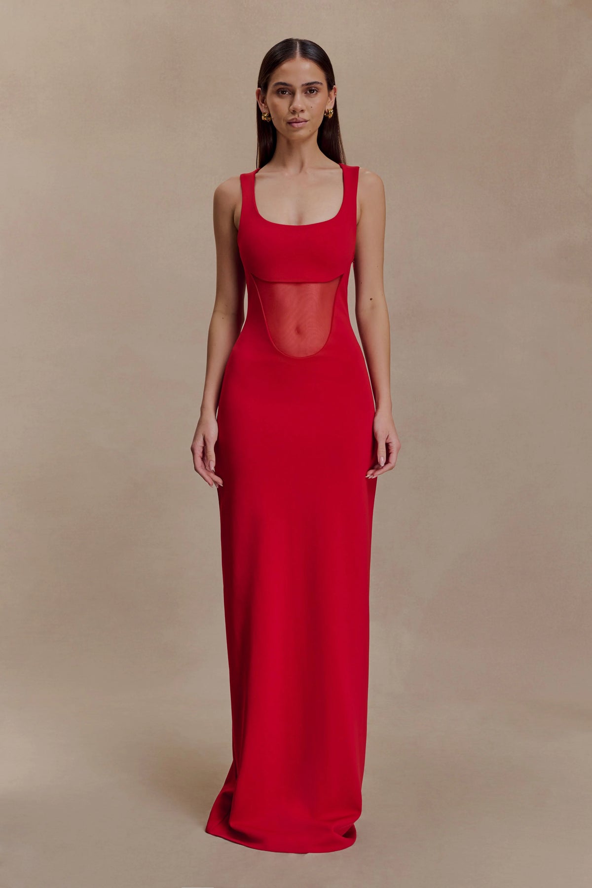 Marlon Crepe And Mesh Maxi Dress - Cherry Red