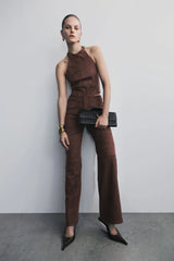 Logan Faux Suede Halter Top - Dark Chocolate