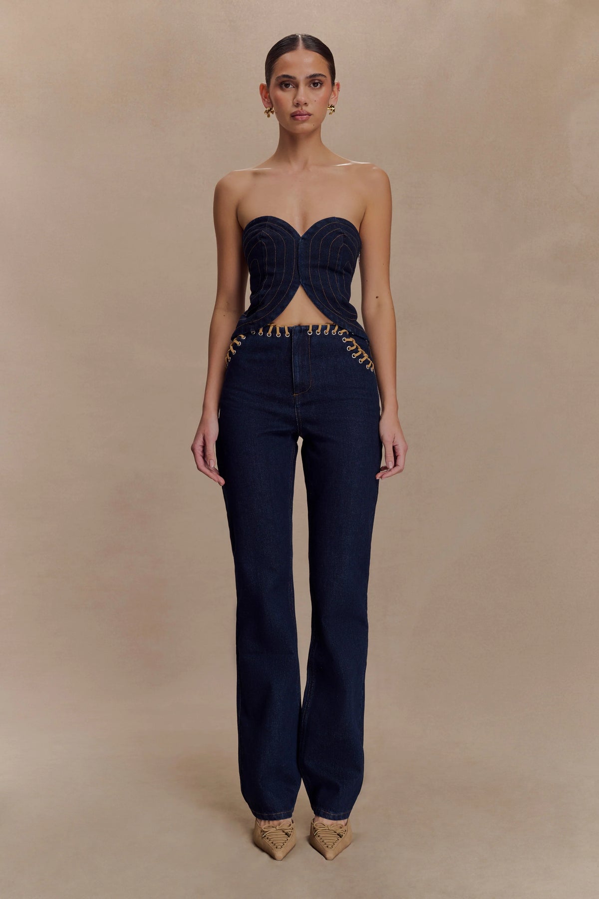 Meryl Lace Up Denim Jean - Indigo Blue