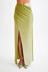 Bronwyn Slinky Ruched Maxi Skirt With Split - Ombre Vintage Olive