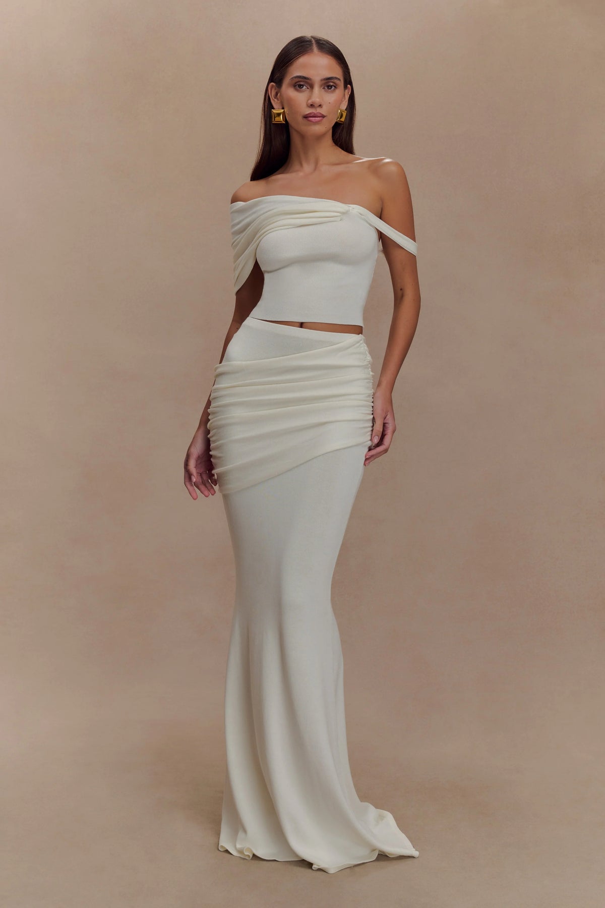 Irene Gathered Knit Maxi Skirt - Ivory