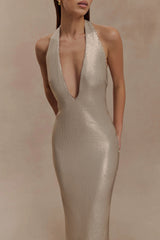 Carnation Sequin Halter Midi Dress - Gold