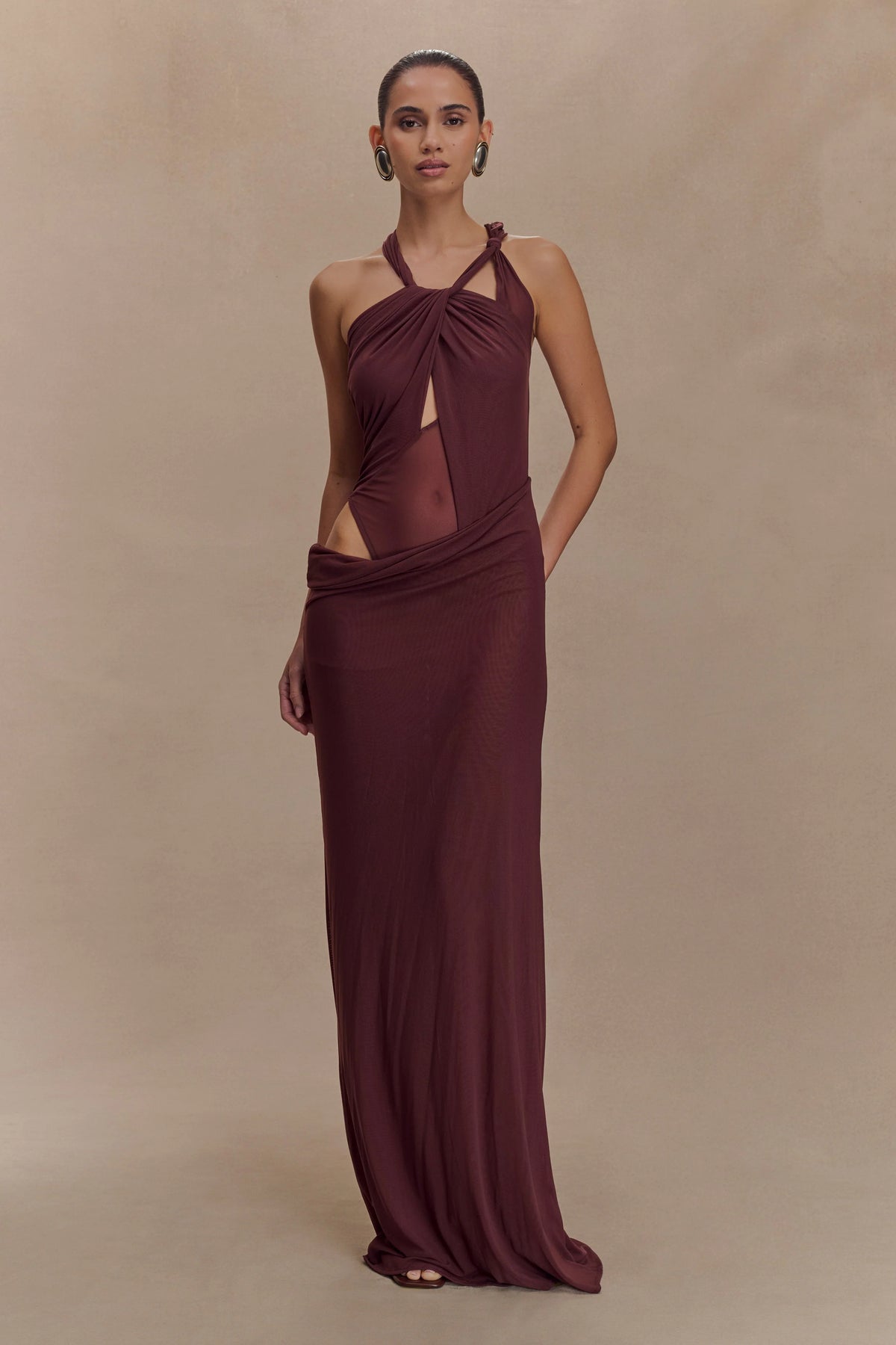 Edwina Knotted Mesh Maxi Dress - Mahogany