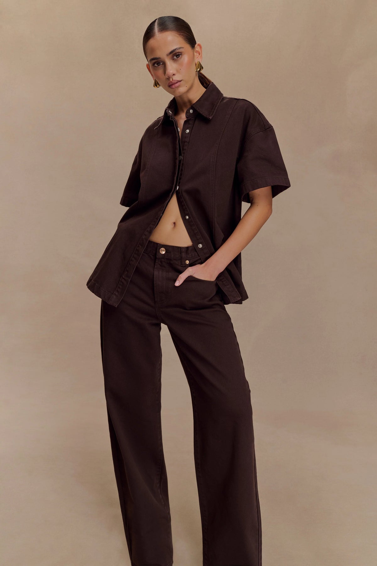 Maya Oversized Denim Shirt - Chocolate