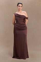 Dalia Off Shoulder Satin Maxi Dress - Dark Chocolate