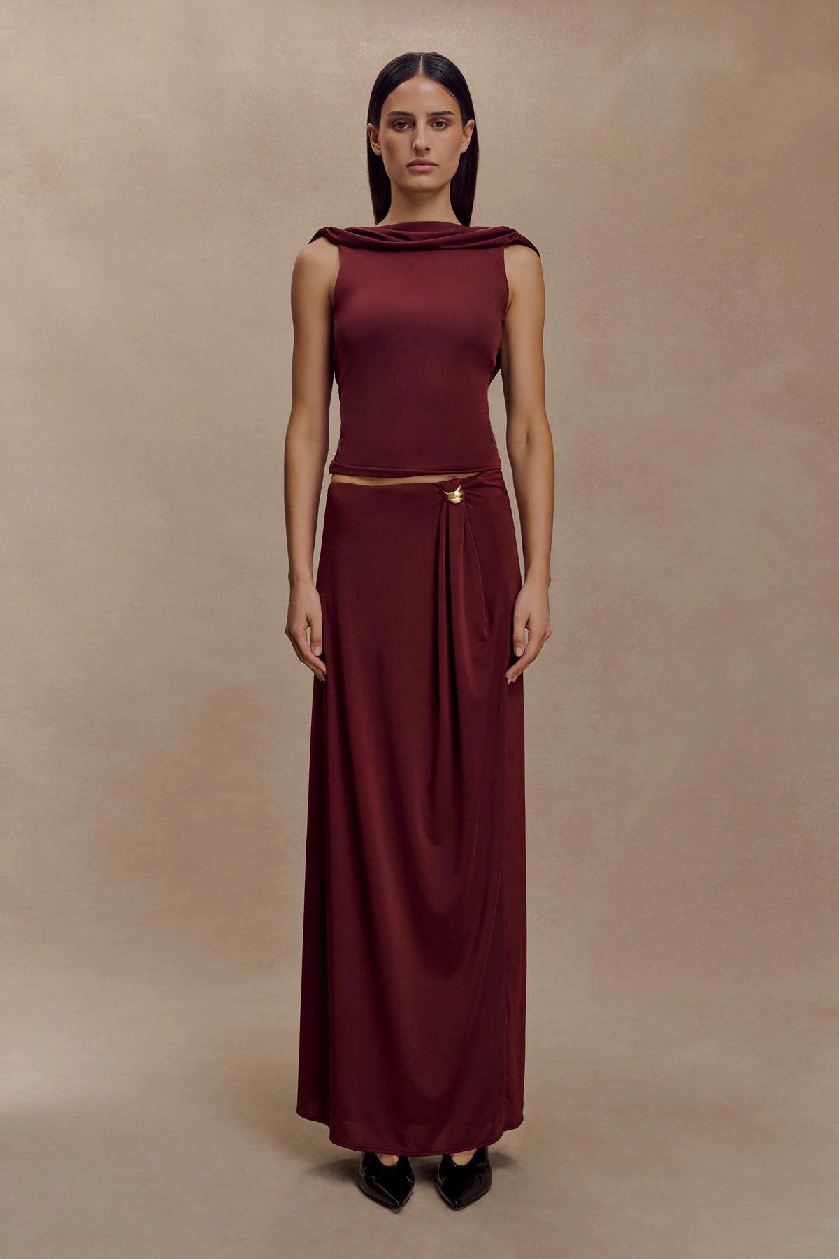 Bridget Slinky Maxi Skirt With Hardware - Burgundy