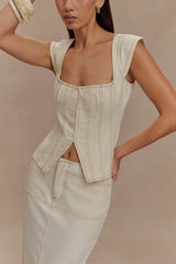 Loretta Cap Sleeve Denim Top - Ecru